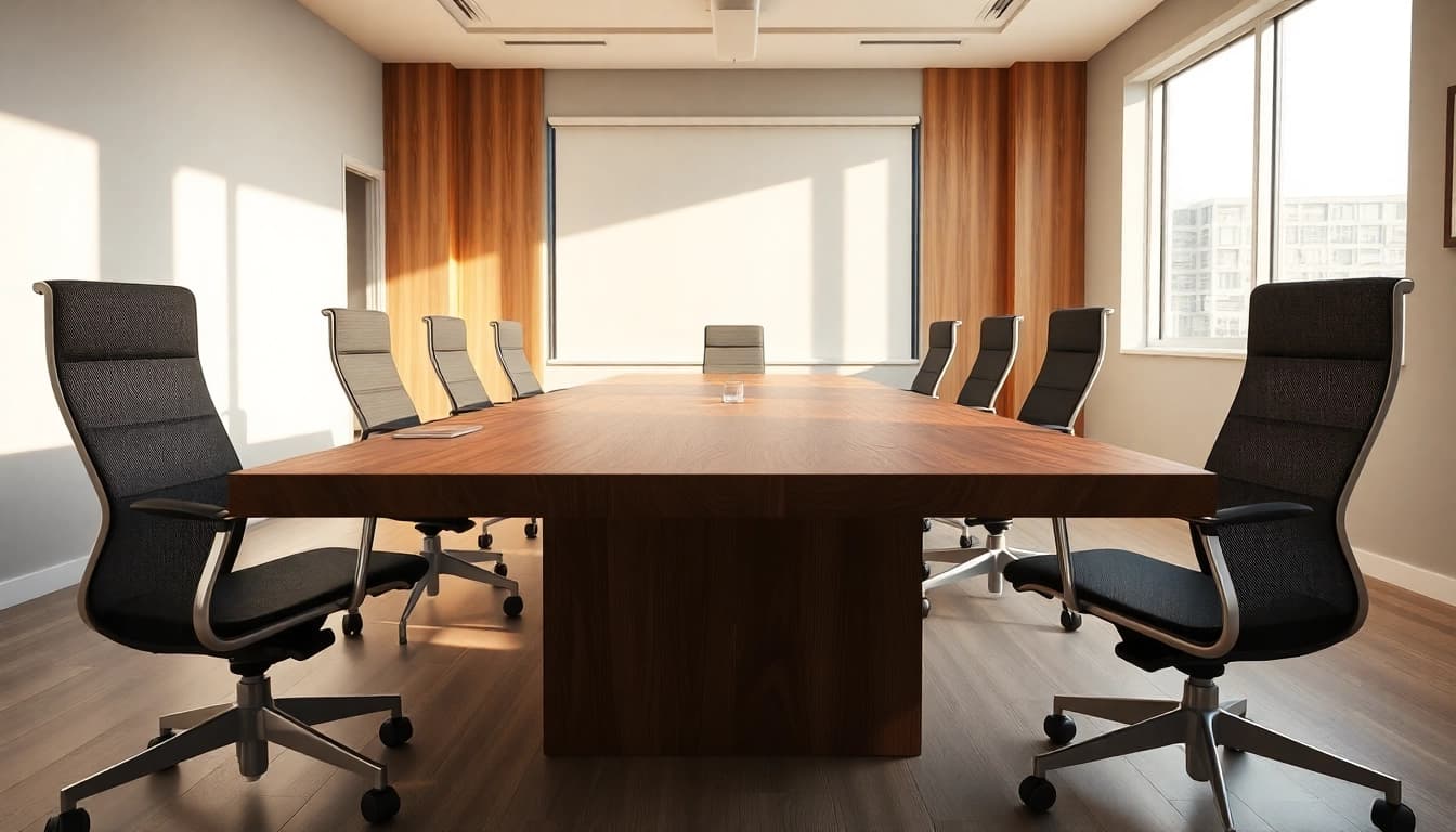 Conference table crafted from solid American hardwood in a modern conference room with natural lighting.