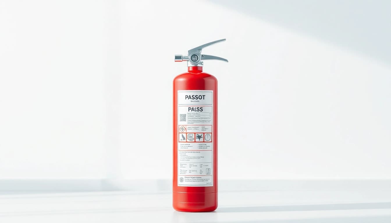 Inspecting a pass fire extinguisher displayed in a modern setting with clear labeling.
