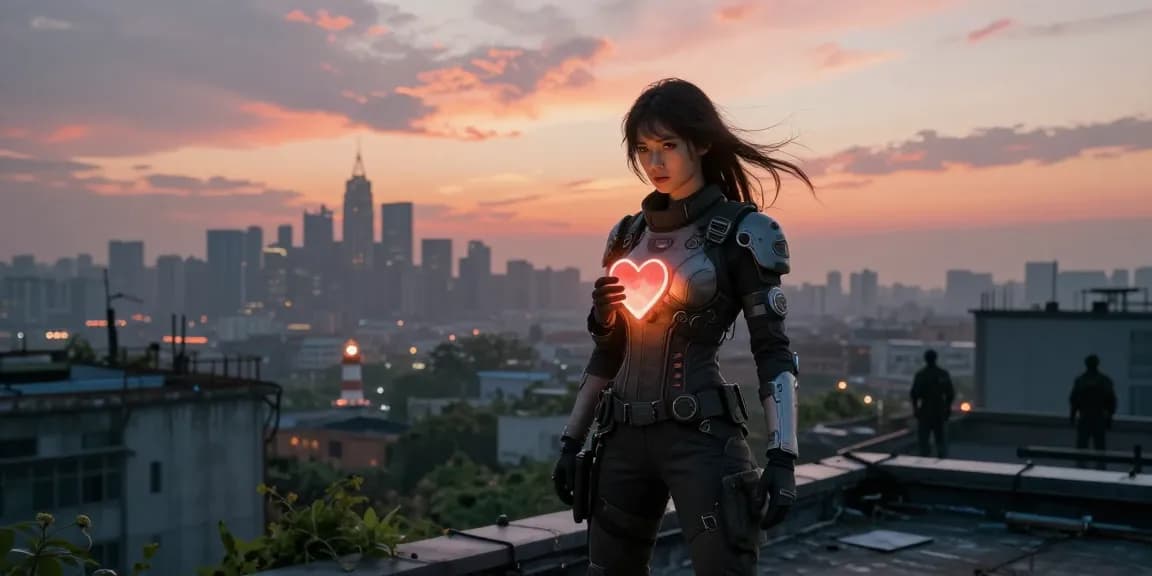 An empowered woman in dystopian fiction explores forbidden love, standing on a rooftop in an awakened emotional world.