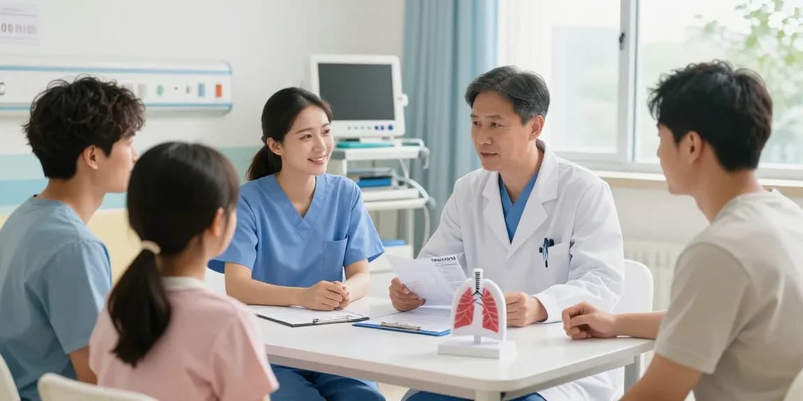 Lung transplant UAE consultation scene showing a doctor supporting a patient and family in a bright hospital.