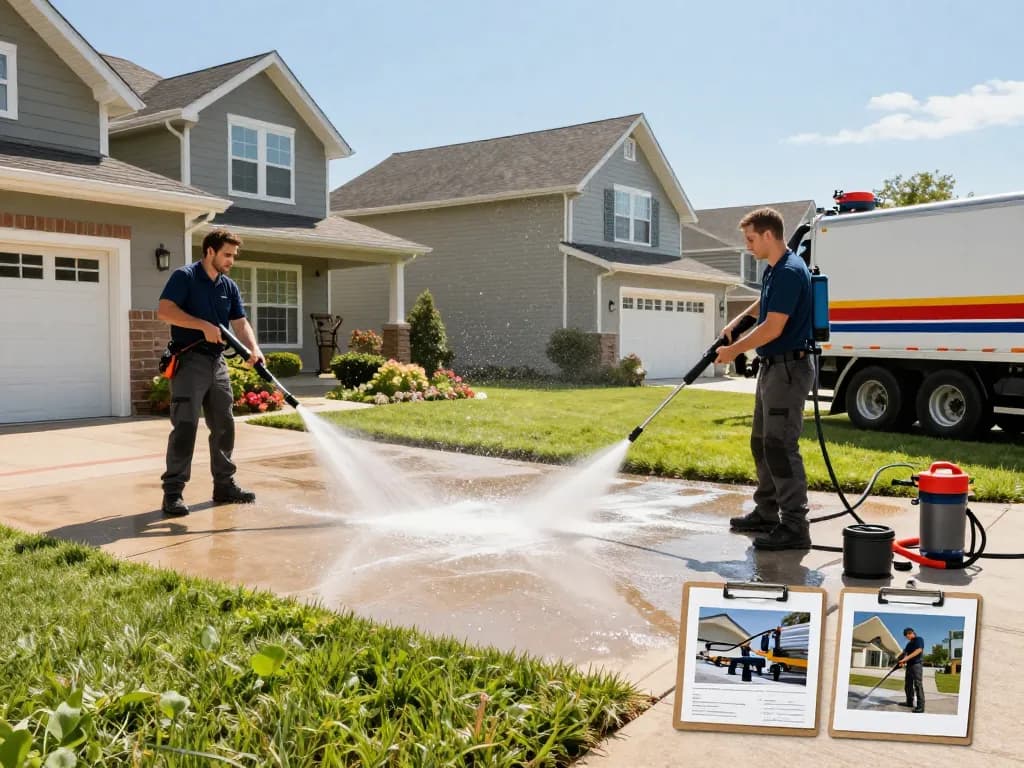 Pressure washing services Atlanta showcasing professionals cleaning a driveway and home exterior.