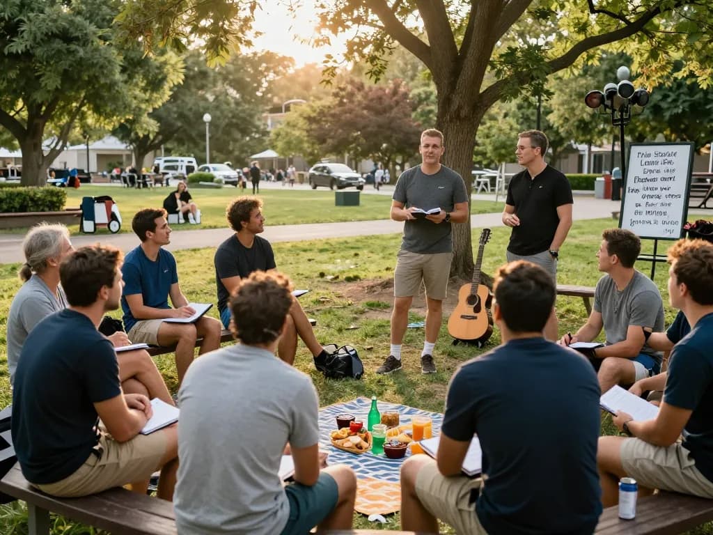 Men engaging in discussions at a manclub wellness gathering, sharing experiences and building connections.