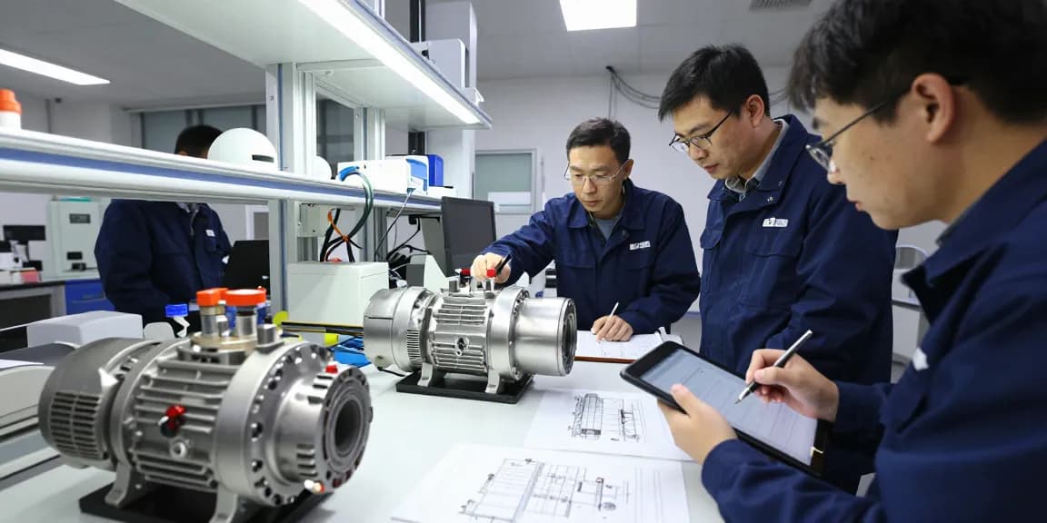Engineers analyzing magnetic drive pump prototypes in an industrial lab environment, focusing on quality and innovation.
