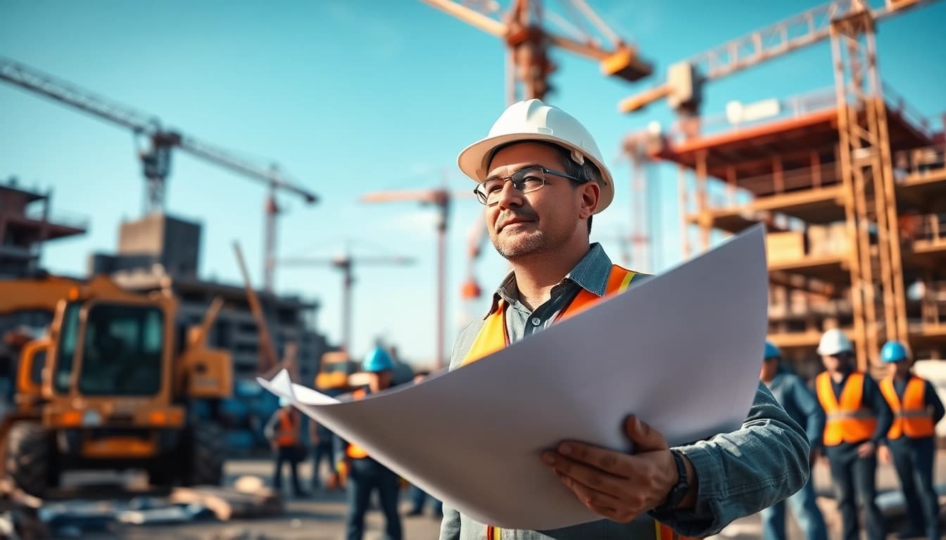 New York General Contractor managing a bustling construction site with blueprints in hand.