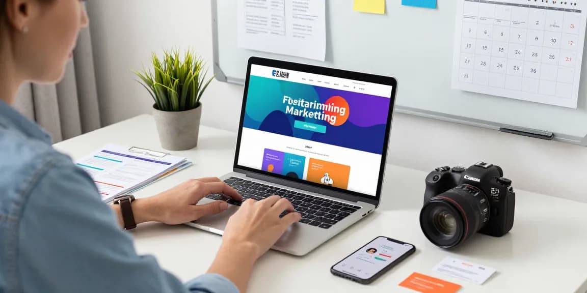 Engaging workspace showcasing pay monthly websites with a business owner designing a website in a professional setting.
