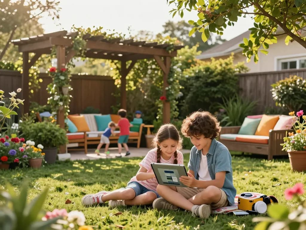 Family using an online pergola configurator outdoors in a vibrant garden setting.