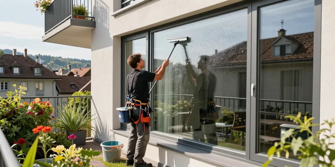 High-quality window cleaning service in Bern, showcasing spotless glass and skilled professionals at work.