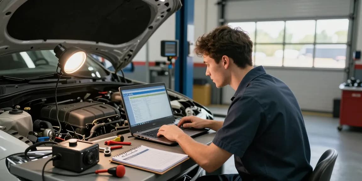 VIN history report analysis in a mechanic's garage, showcasing vehicle inspection and diagnostic tools for accurate results.