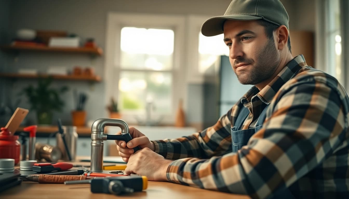 Enhance emergency home repair protection with a handyman fixing plumbing in a warm kitchen.