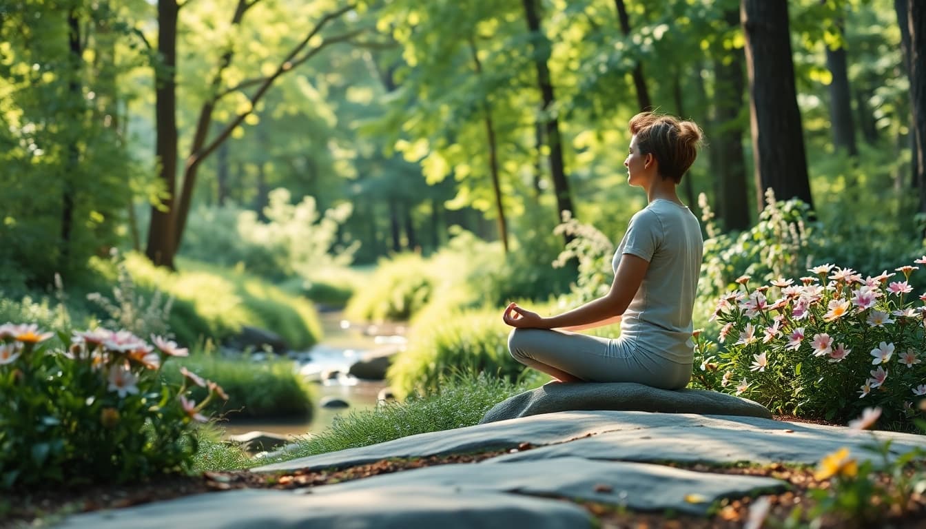 Implement mental health tips by meditating in a serene natural setting.