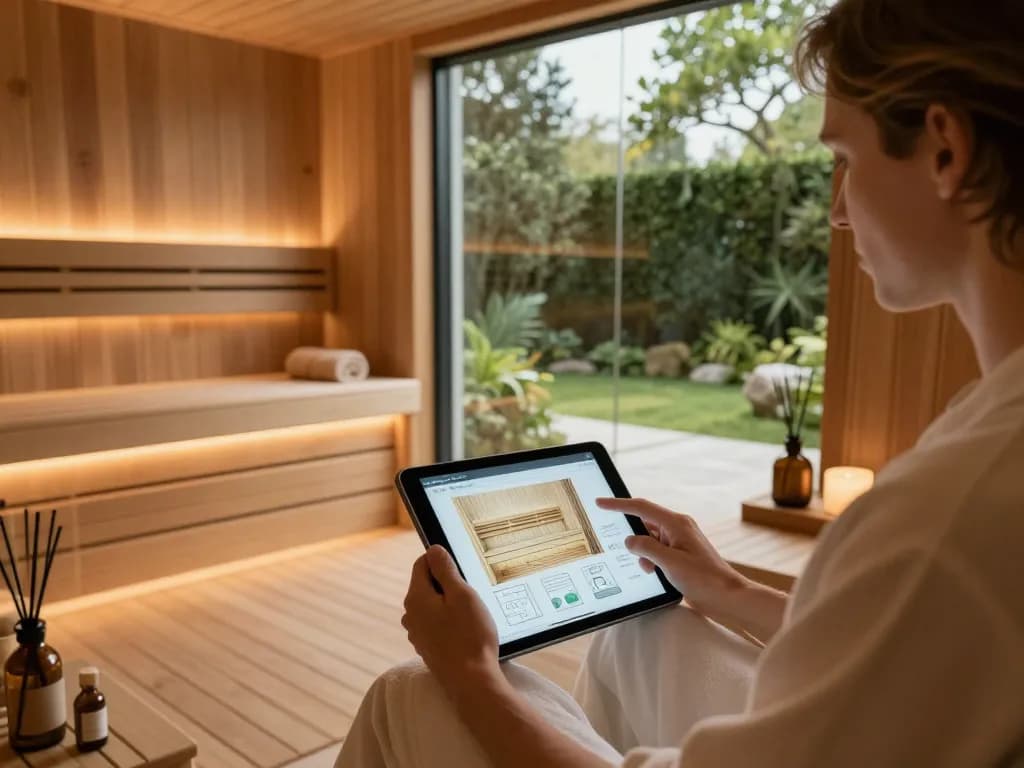 Explore customizable sauna 3D options in a luxurious setting with warm, inviting tones and serene natural elements.