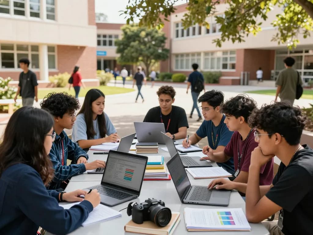 Go8 students collaborating on academic projects outdoors at modern university campus.