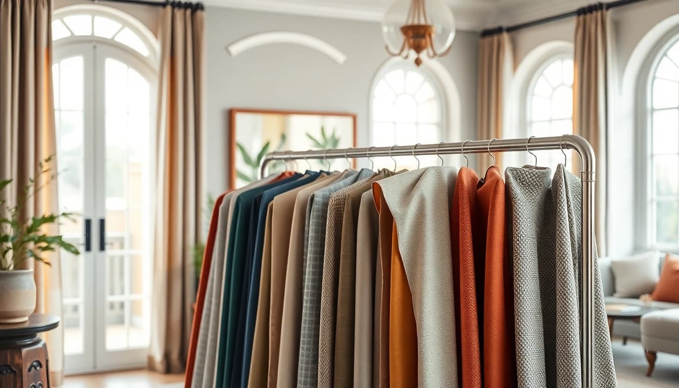 Stof voor gordijnen in diverse kleuren en texturen weergegeven in een stijlvolle interieursetting.