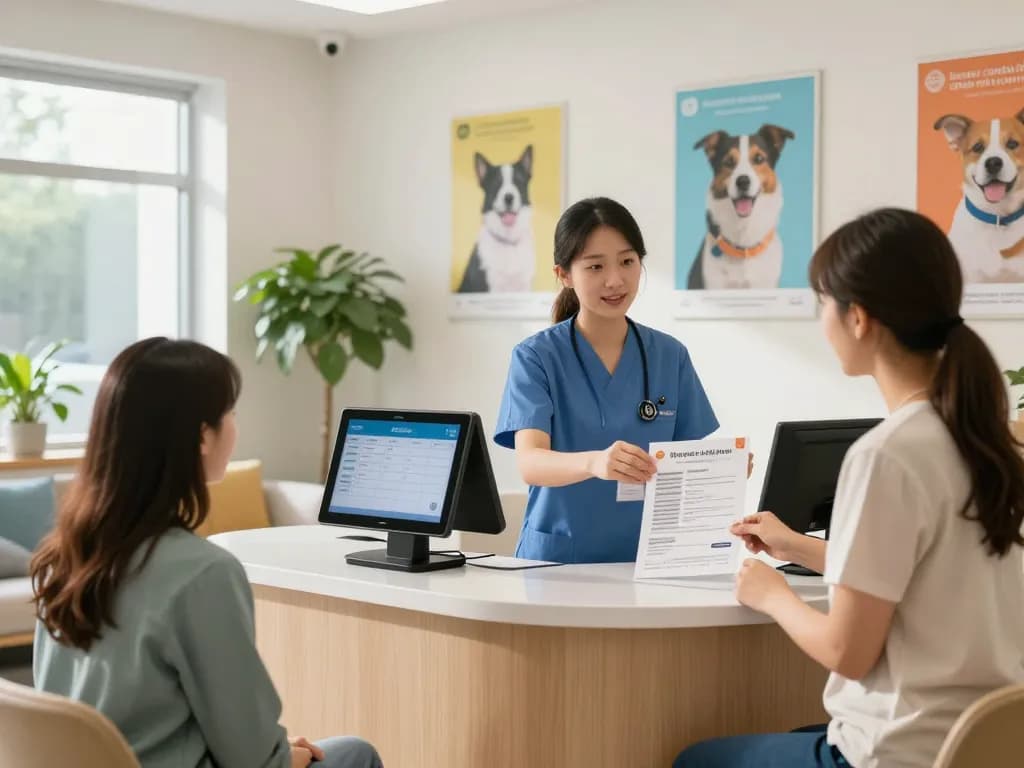 AI receptionist managing client interactions in a modern veterinary clinic reception area, enhancing service efficiency.