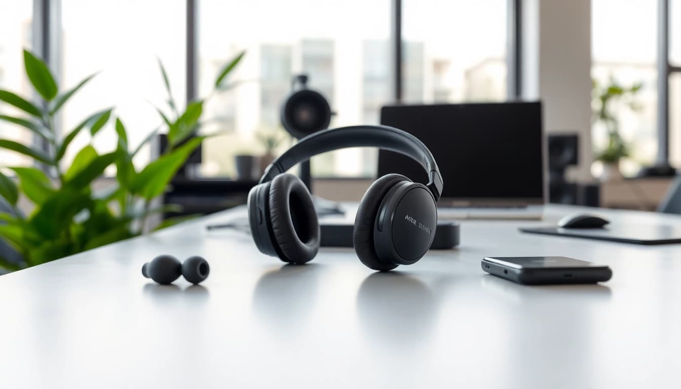Showcasing F1 Bone Conduction Headphones atop a minimalist desk in a bright, professional setting.