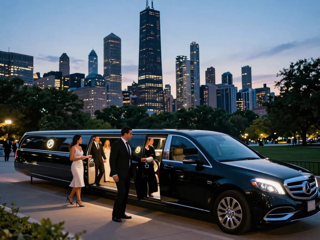 Limo service Chicago providing luxury transportation at twilight, featuring a sleek black Mercedes-Benz limousine and elegant couples in the vibrant cityscape.