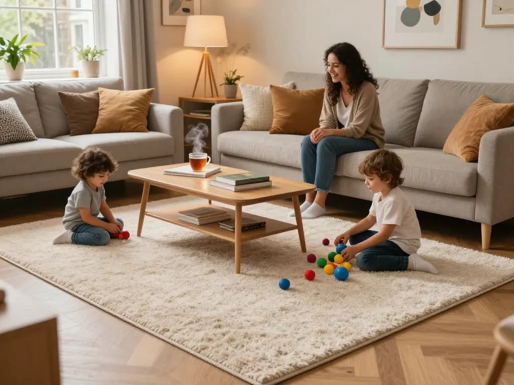 Affordable carpets London featured in a cozy family living room with children playing on a plush carpet.