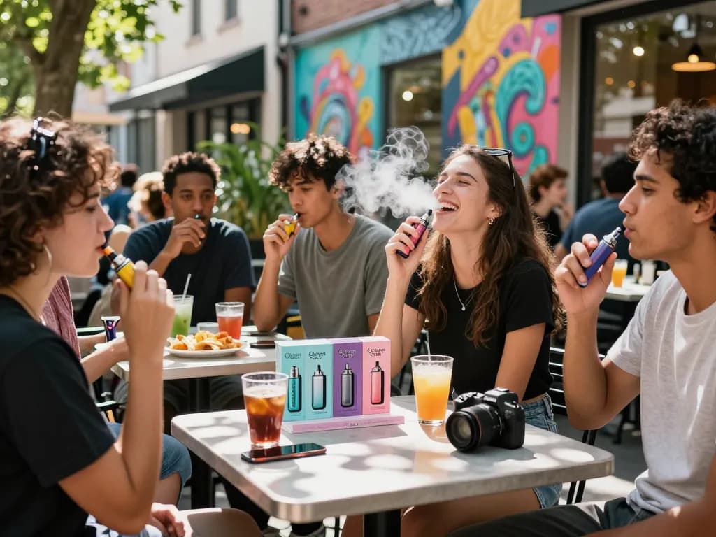 Friends enjoying Clean Carts disposable vapes in an urban café, showcasing vibrant flavors and a lively atmosphere.