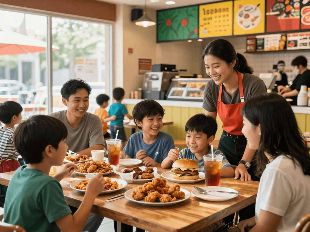 Family enjoying delicious meals at ROKOK88 restaurant with cheerful ambiance.