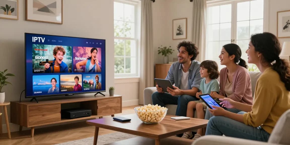 Family enjoying IPTV kopen together in a cozy living room, showcasing 4K content on Smart TV.