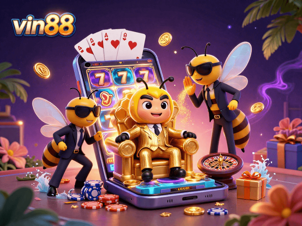 Experience thrilling gaming with vin88's vibrant 3D cartoon scene featuring a bumblebee mob boss and slot games.