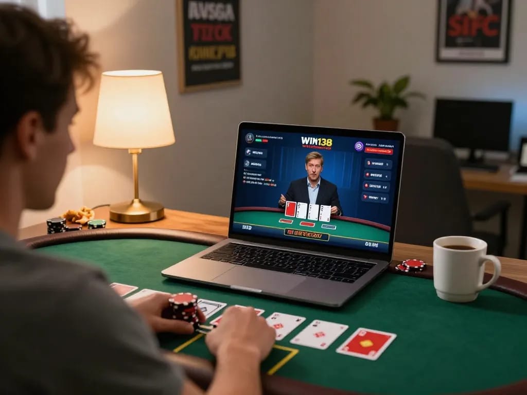 Win138 player enjoying a live dealer blackjack game on a laptop, illustrating online gambling excitement