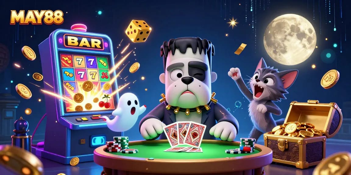 Engaging MAY88 casino scene featuring a 3D bulldog dealer, treasures, and animated slot elements.