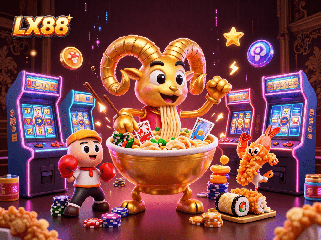Engage with LX88's vibrant slots scene featuring a golden ramen bowl dealing cards and cheerful sushi dealers.