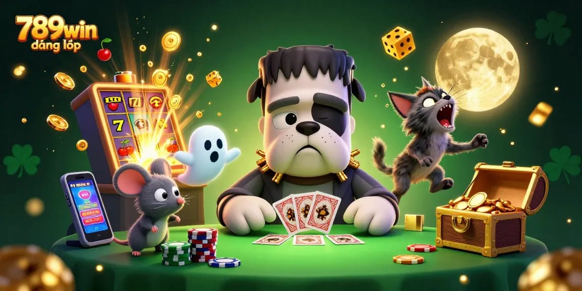 Experience the thrill of 789win đăng nhập with a lively 3D casino scene featuring a playful bulldog dealer.