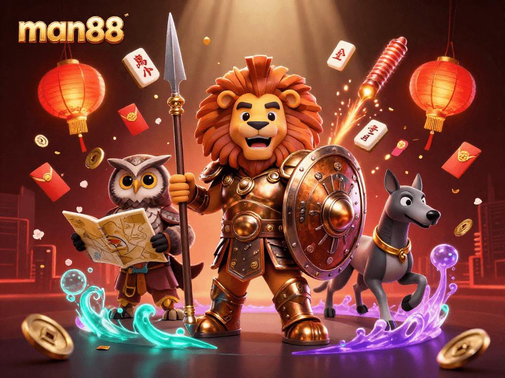 Engage with exciting games at man88 casino, featuring vibrant 3D characters and festive elements.