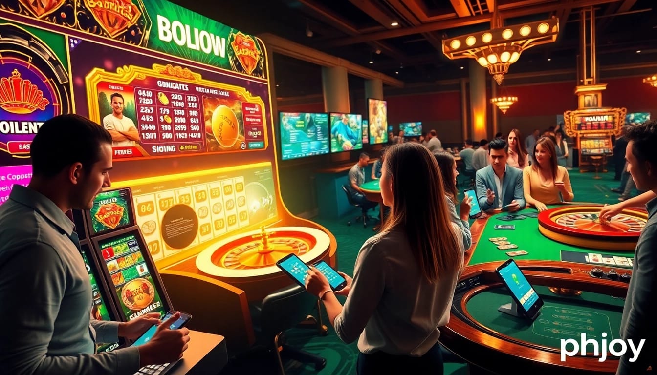 Players enjoying a thrilling online gaming experience on phjoy with vibrant casino elements.