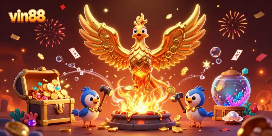Win big at vin88 with a vibrant casino scene featuring a golden phoenix and treasure!
