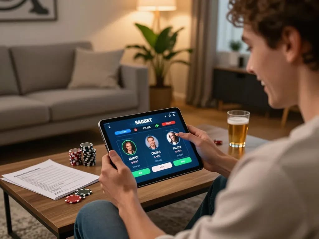 SAOBET app displayed on a tablet, showcasing live betting options in a cozy home environment