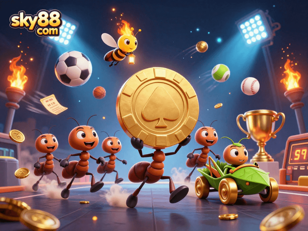 Engaging scene of sky88 com with cartoon ants carrying a poker chip amidst dynamic sports elements.