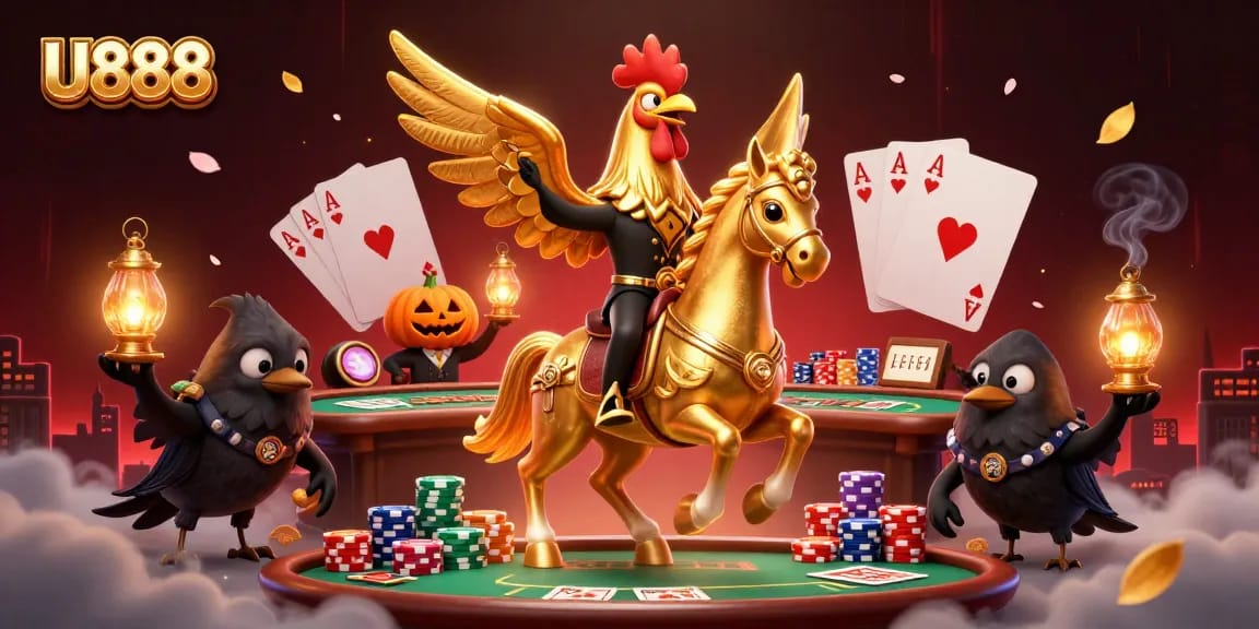 Experience the excitement of U888 as the golden rooster heads gallop through a stunning casino.