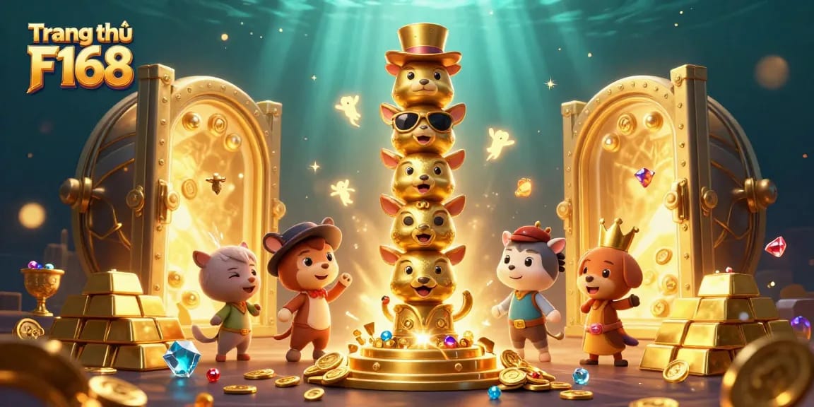 Engage with the exciting world of Trang chủ F168, featuring a vibrant 3D casino scene overflowing with treasures.