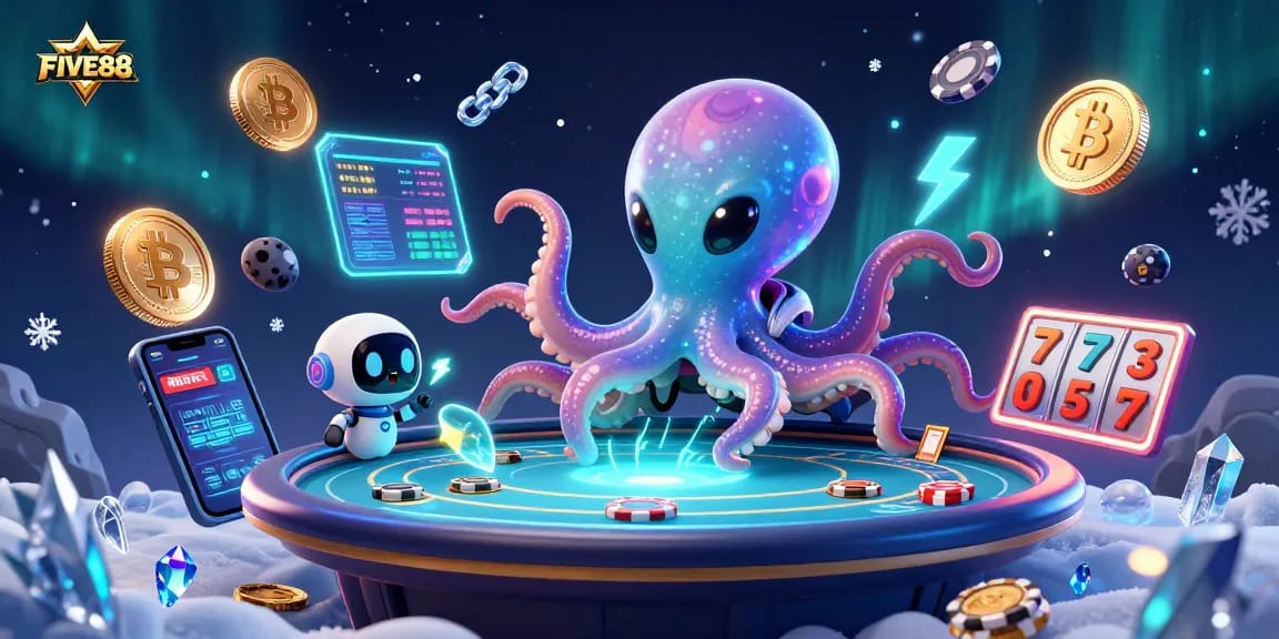 Engage with FIVE88's thrilling casino scene featuring a vibrant alien octopus and crypto elements.