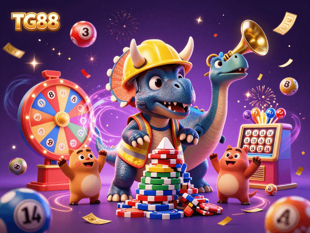 Engage with TG88's vibrant online gaming experience featuring a triceratops, lottery elements, and celebratory effects.