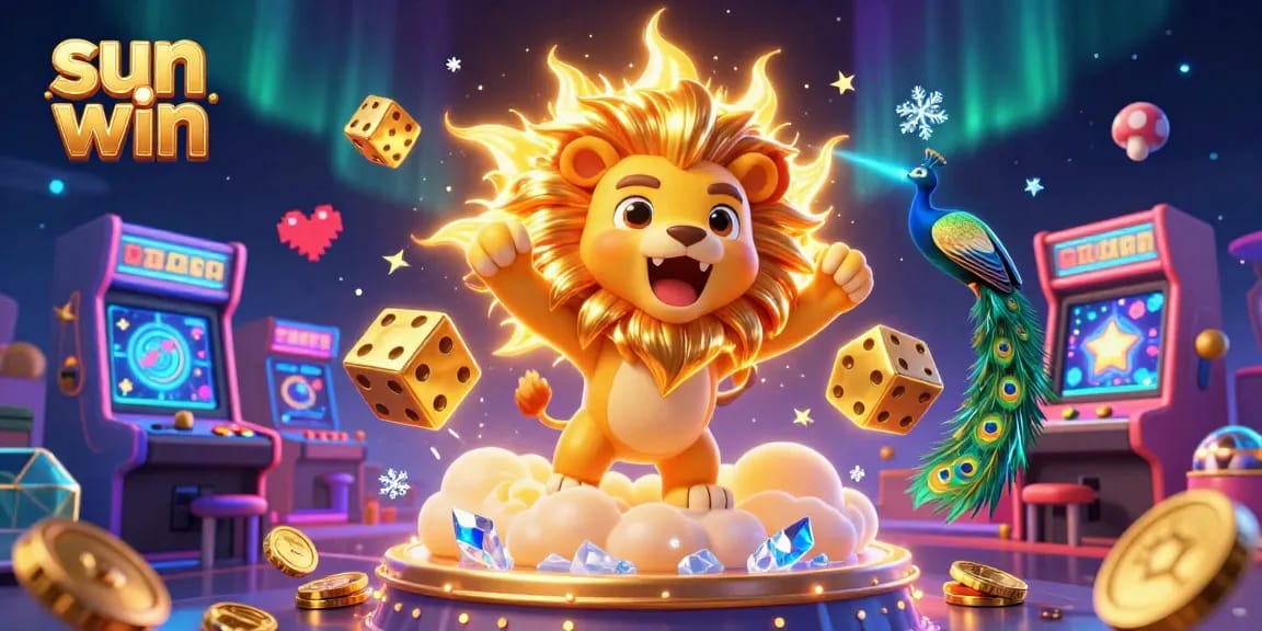 Win big at sun win with a vibrant 3D casino scene featuring lively characters and game elements.