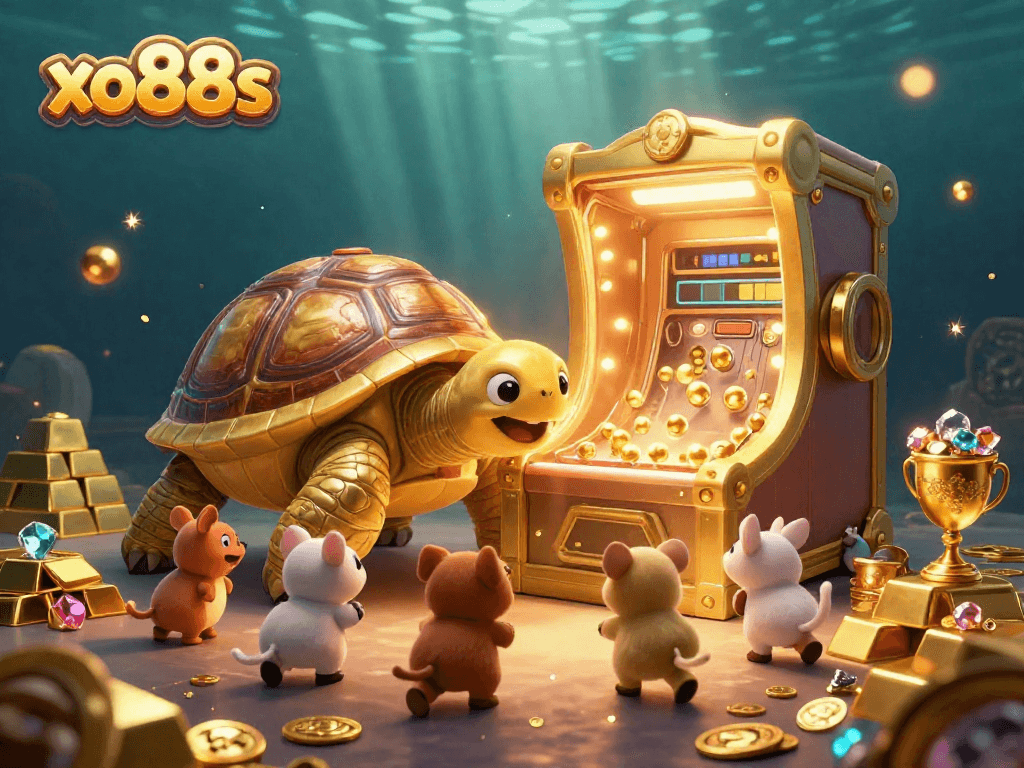 Win jackpots and prizes playing exciting games at xo88s, featuring a colossal golden tortoise in a vibrant scene.
