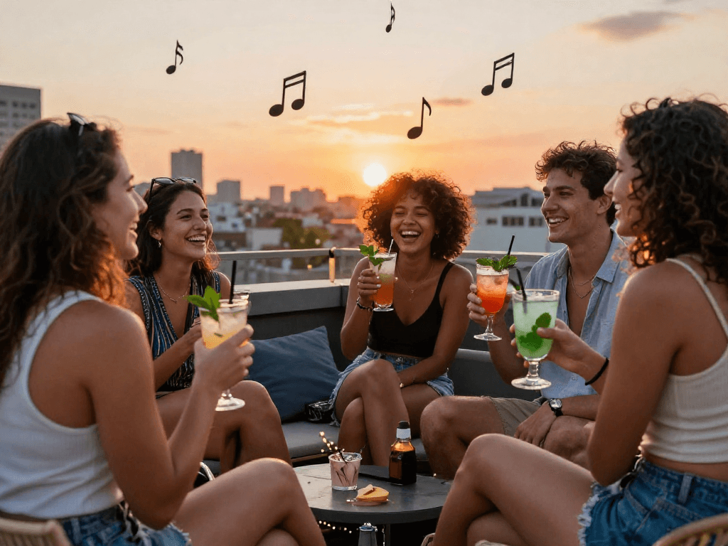Friends enjoying rokok88 drinks at a vibrant rooftop party during sunset.