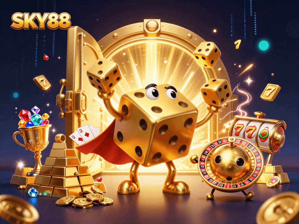 Engage with SKY88 and enjoy thrilling slots with immersive golden dice illustrations.