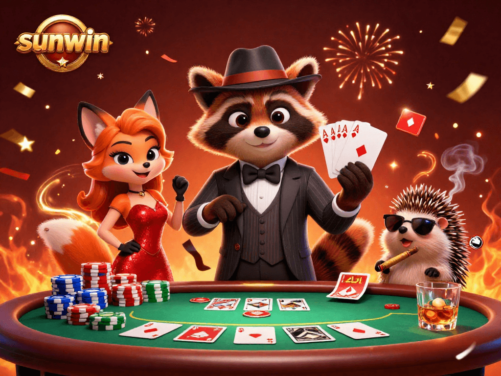 Experience the sunwin casino scene featuring vibrant characters celebrating at a poker setup.