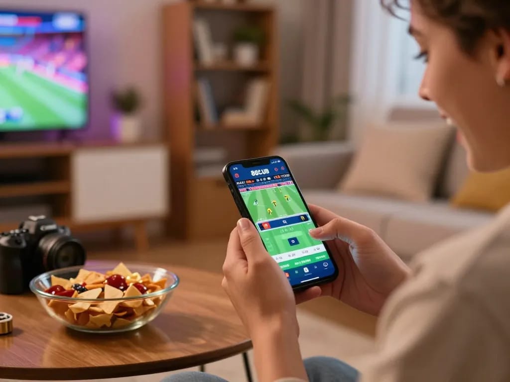 Excited user placing bets on their smartphone using the 88CLUB app in a cozy living room