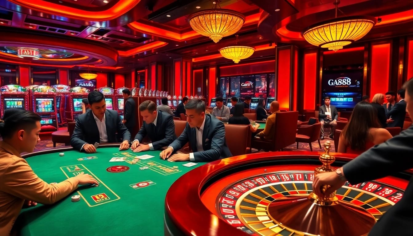 Engaged players enjoy poker and roulette in a vibrant casino scene inspired by GA888.
