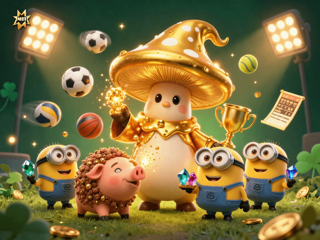 MUBET sports wizard casting golden spells while a pig treasures gems in a vibrant betting scene.