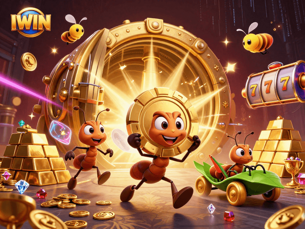 IWIN ants carry a giant golden poker chip in a vibrant casino heist scene.
