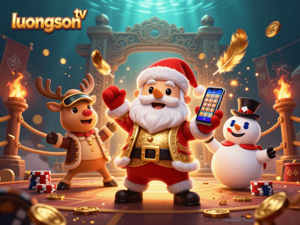 Experience the thrill of gambling with luongson tv as Santa, his reindeer, and a snowman enjoy jackpot slots.