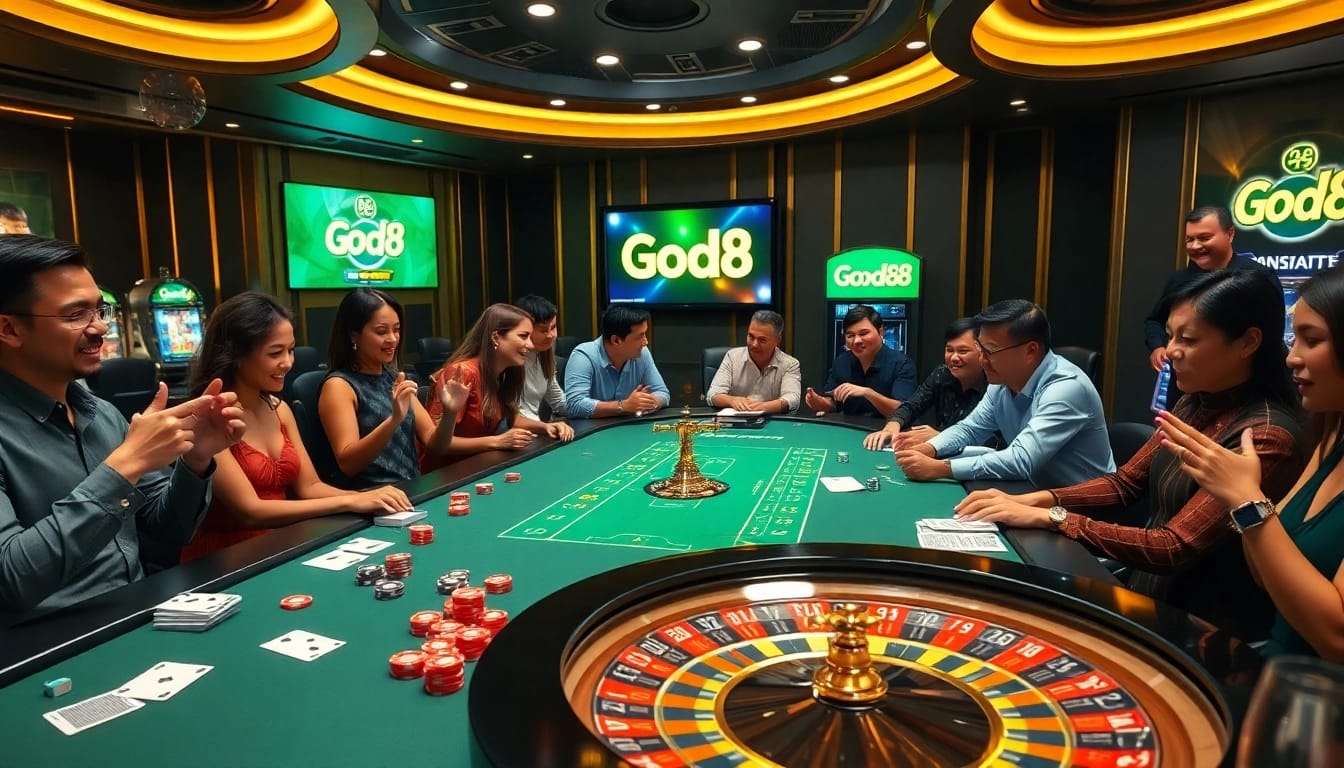 Players enjoy a thrilling game at the Good88 casino table, featuring vibrant poker chips and cards.