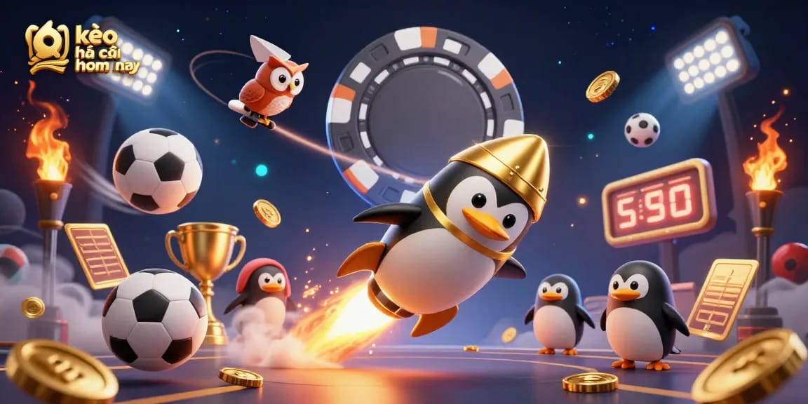 Experience thrilling kèo nhà cái hôm nay with a vibrant illustration of golden penguins and sports elements.